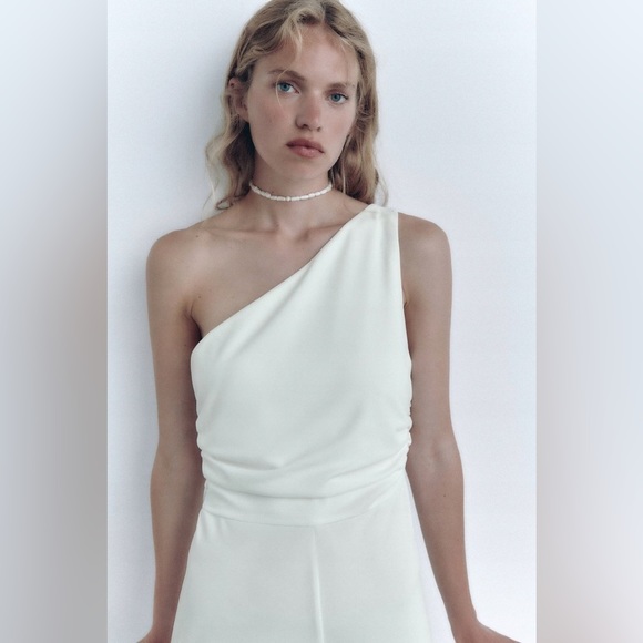 Zara jumpsuit white asymmetric wide leg wedding shower party - Picture 3 of 5